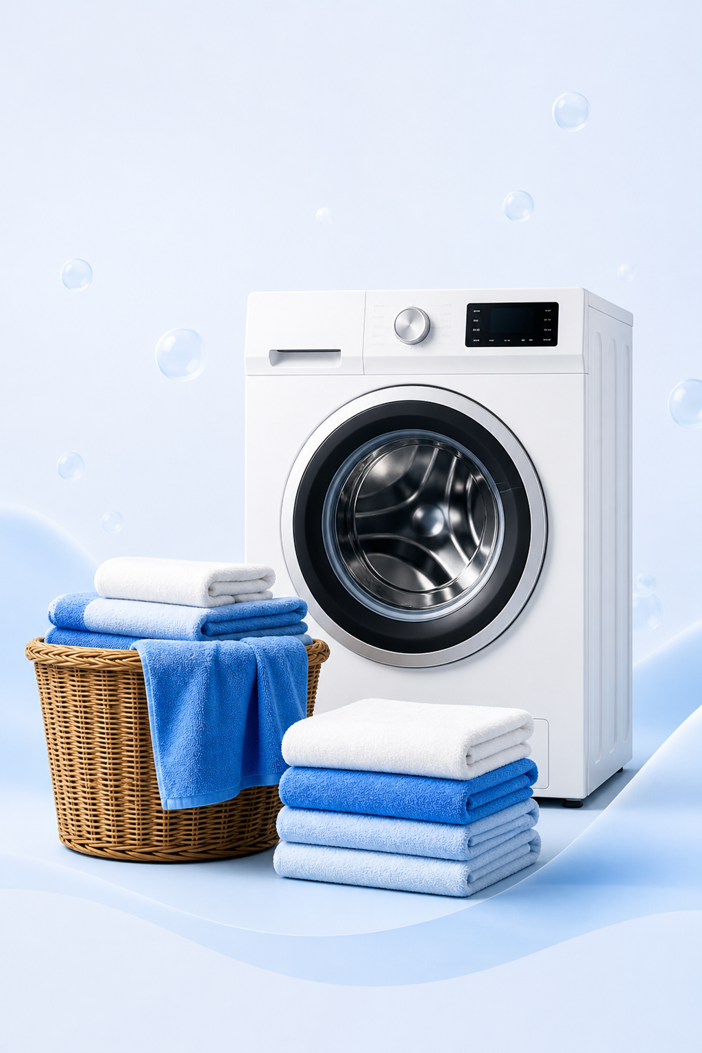 Washing machine, laundry basket, and neatly folded towels