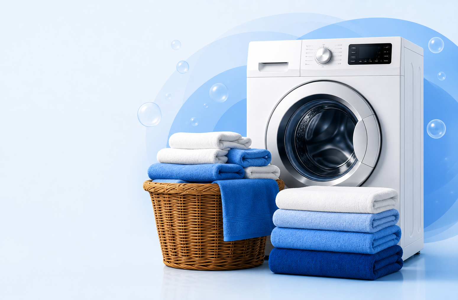 Modern washing machine with a basket of freshly folded blue and white towels